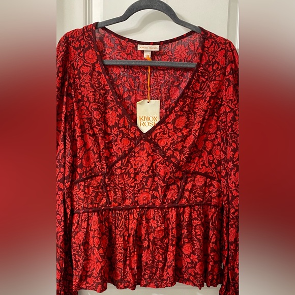 Knox Rose Red Floral Long Sleeve Embroidered Blouse L - Picture 3 of 12